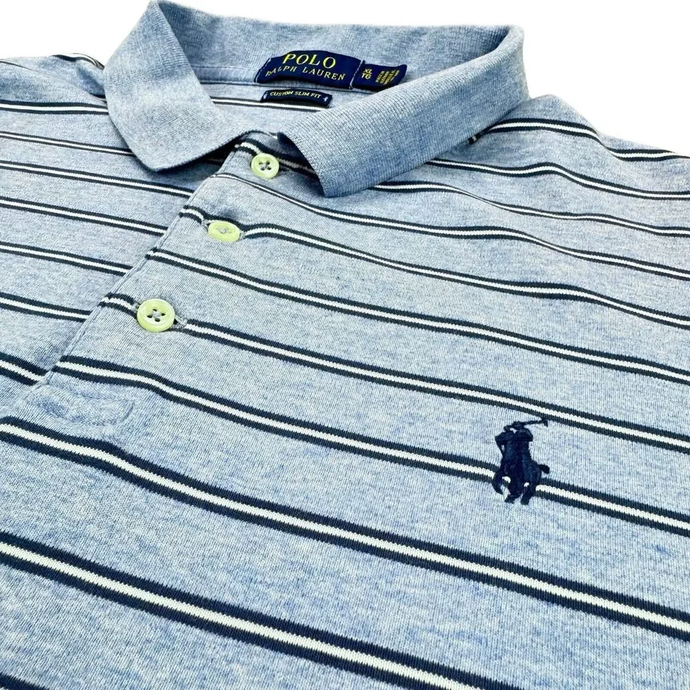 Polo Ralph Lauren Slim Fit Polo Shirt Mens XL Light Blue Stripe Short Sleeve